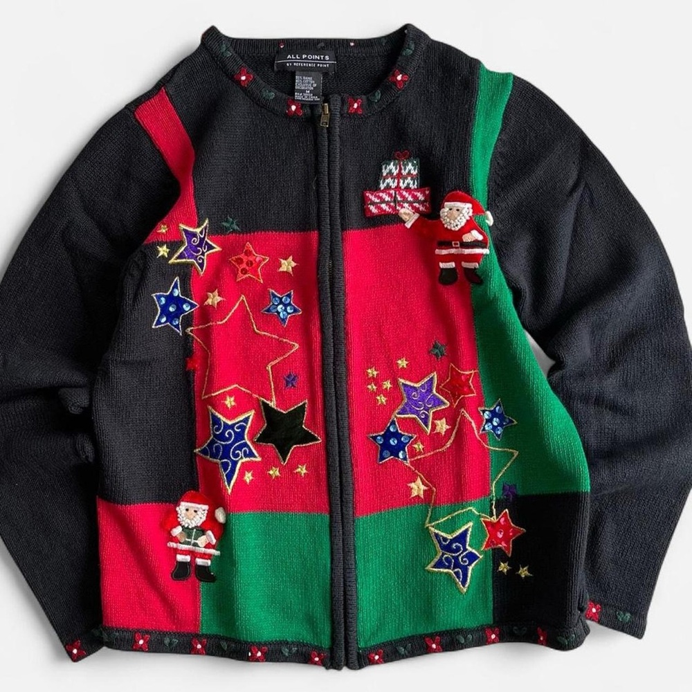 Vintage All Points Embroidered Black Red Green Knit Christmas Santa Cardigan